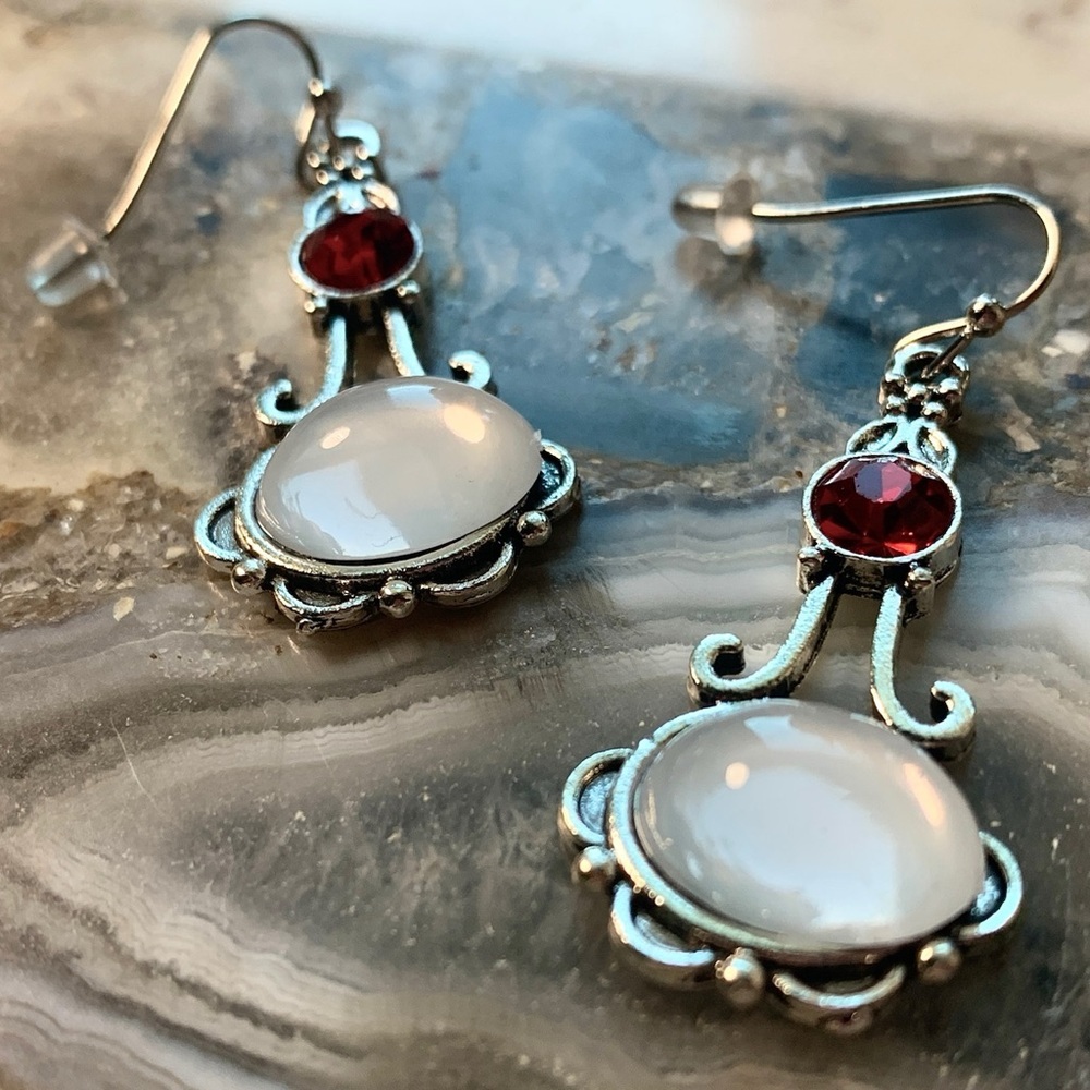 2347 Silver and Red Stone Drop Earrings